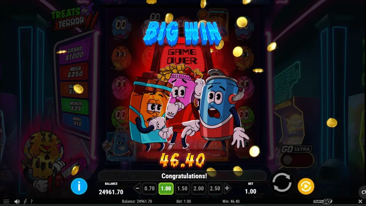 Tampilan layar neon penuh warna dari slot Treats of Terror 2 dengan karakter hantu Terry.