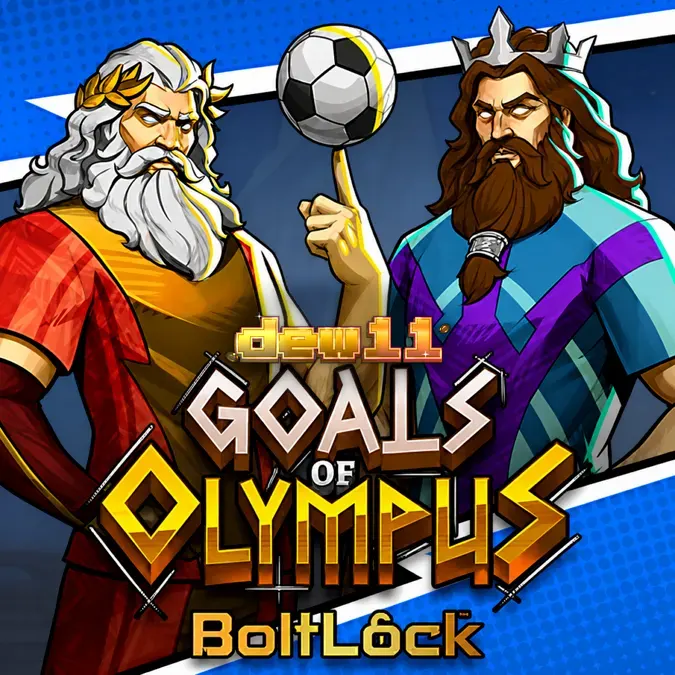 Tampilan visual grid permainan slot Goals of Olympus BoltLock dengan elemen mitologi dan sepak bola.