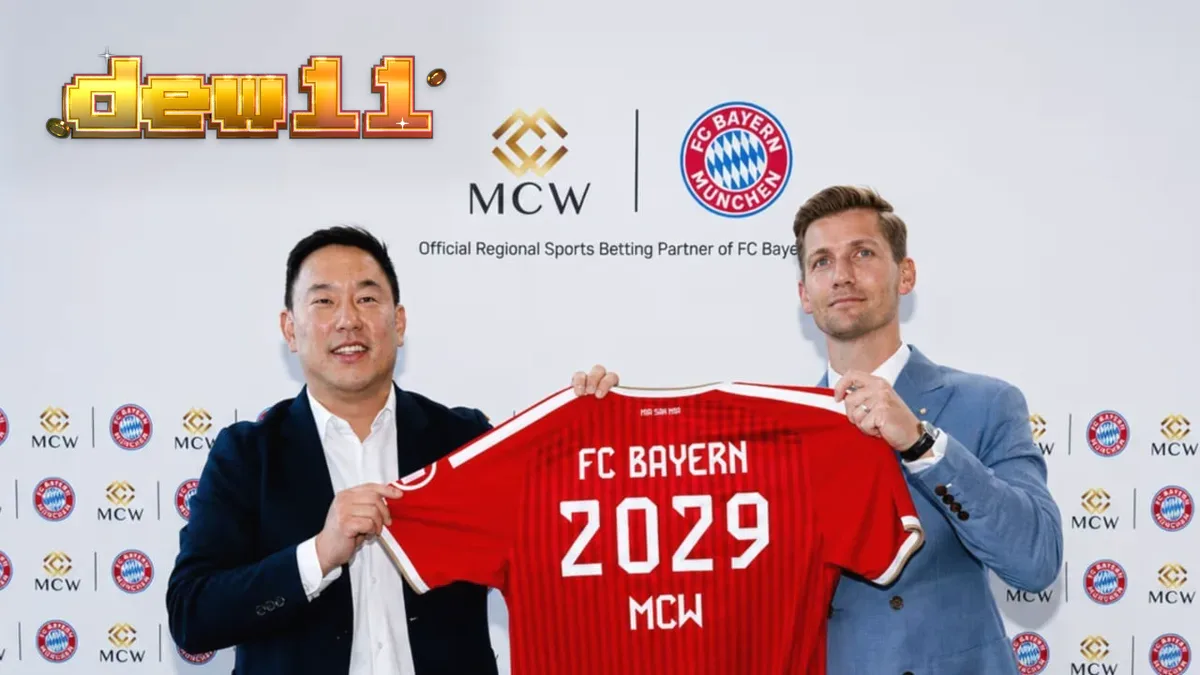 Logo FC Bayern Munich dan elemen digital yang mewakili kemitraan iGaming